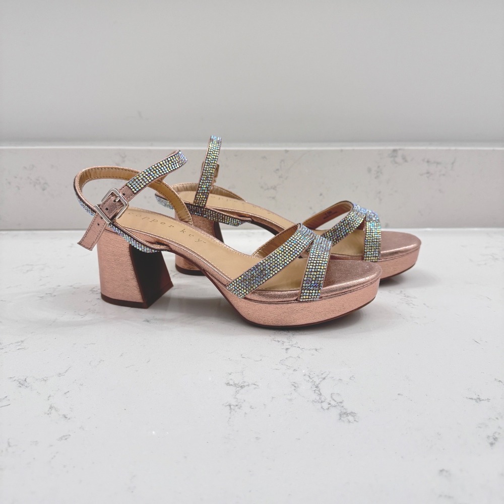Copper Key Platform Sandals Block Heel Womens 7.5M Rose Gold Rhinestone Coquette